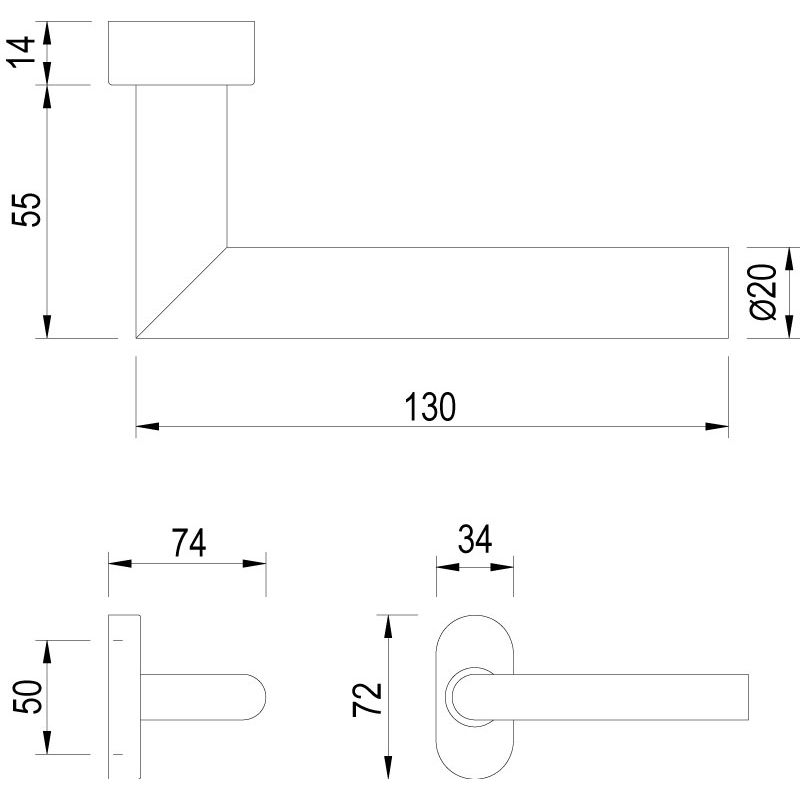 Küchenarmatur, Wandmontage, L-förmig, Abflussöffnung, Abmessungen 130 mm