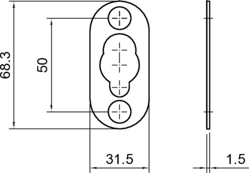Bauzeichnung, Mechanisches Bauteil, Klemmvorrichtung, Löcher, Maße 68.3 mm