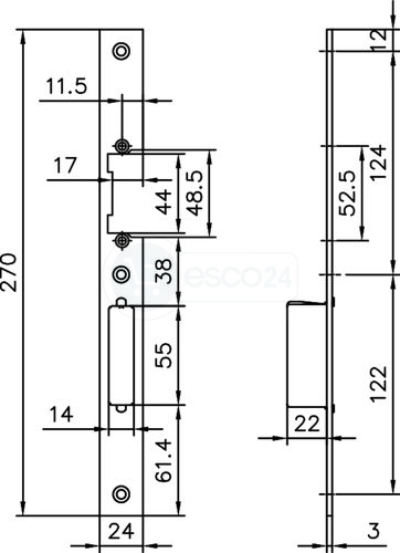 Schließblech KFV MFV F3X24X270, f. E-Öffner, niro, L/R