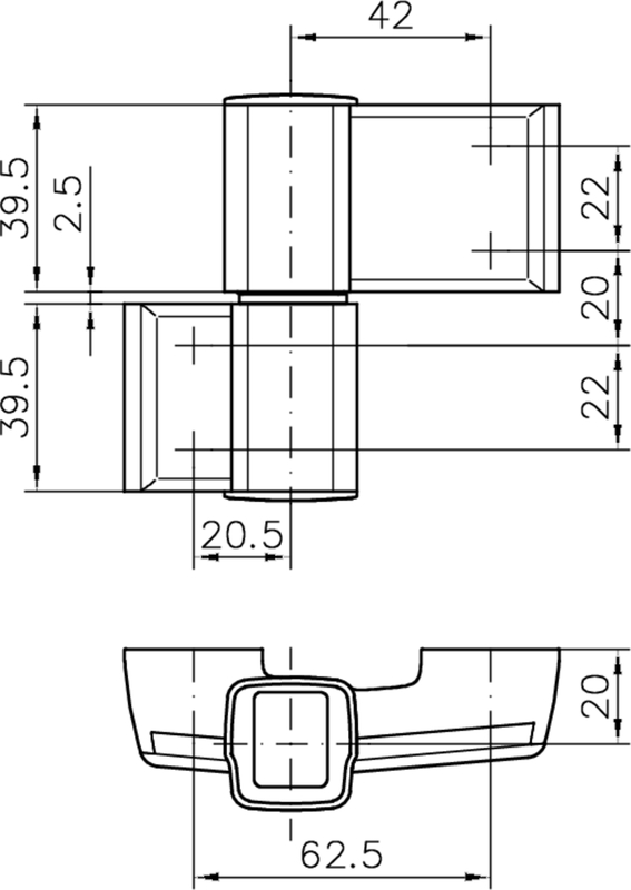 Tür-Scharnier, Mechanismus, Konstruktionszeichnung, maßgetreue-Ansicht, quadrathalter