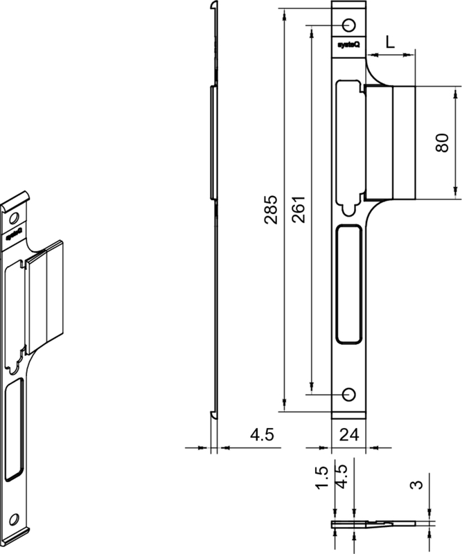 glass door, sliding bolt, mechanism, rear mounting, dimensions 285x261