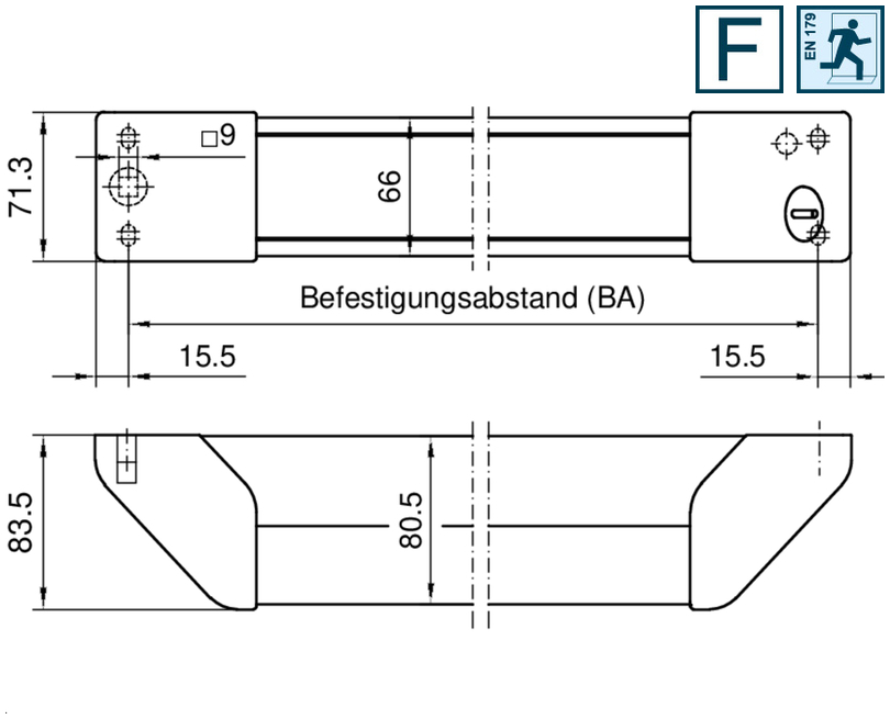 Aluminium-Schiene, Halterung, Maße 71.3 x 83.5, Befestigungsabstand, Montagewinkel
