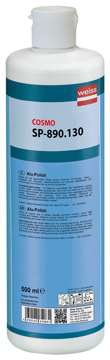 weiße Flasche, Polymerlösung, Cosmo SP-890.130, blaue Etikette, 500 ml