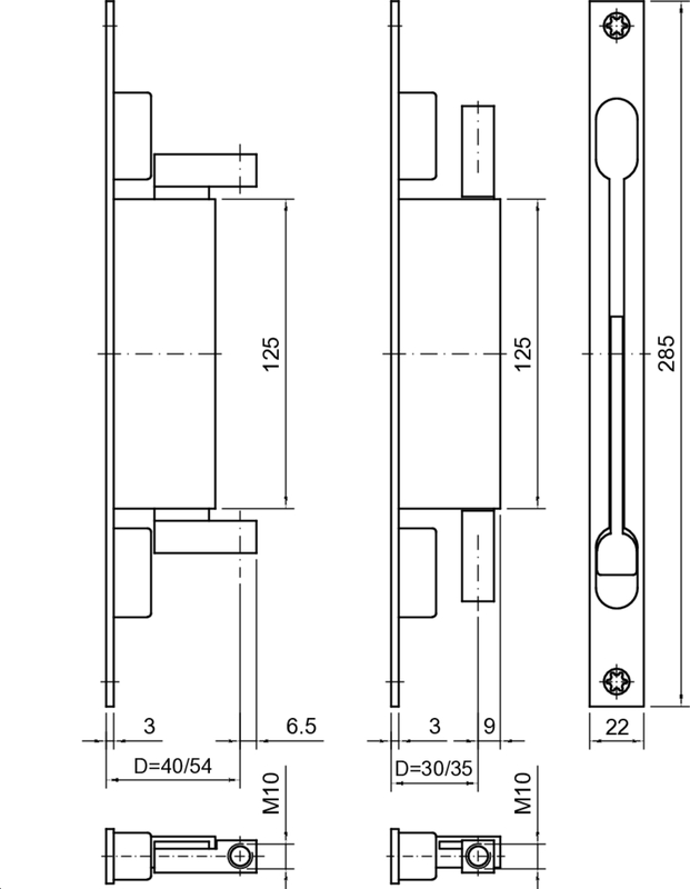 Einstecktürkantriegel 945 BA=265 F3x22x285mm,D35,M10,Hub 20,VA Schaubild, Schaubild, CAD-Diagramm, Diagramm,