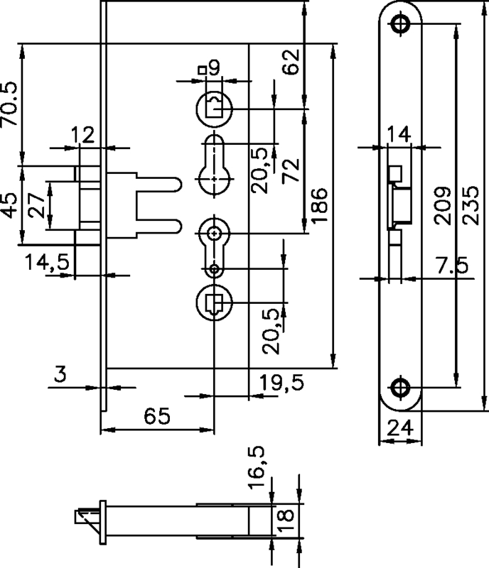 BMH FS Stahltür-Spezial-Einsteckschloss  D65,F3x24x235, L/R Stulp verz. Schaubild, Schaubild,