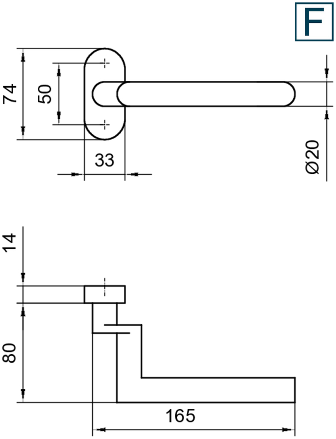 Türgriff, Türdrücker, Halterung, Runde Kante, Maße 165mm