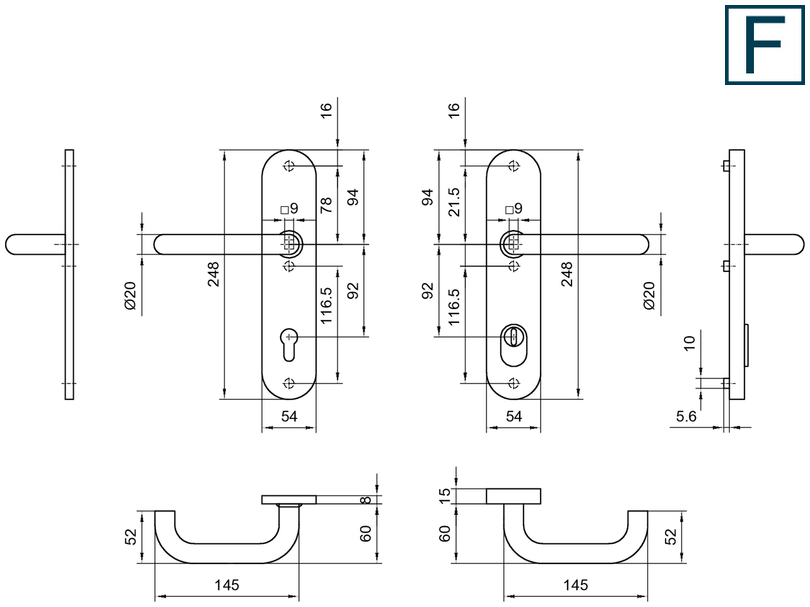 Griff für Tür, Türbeschläge, Metallbeschlag, Levier-Griff, Maßzeichnung