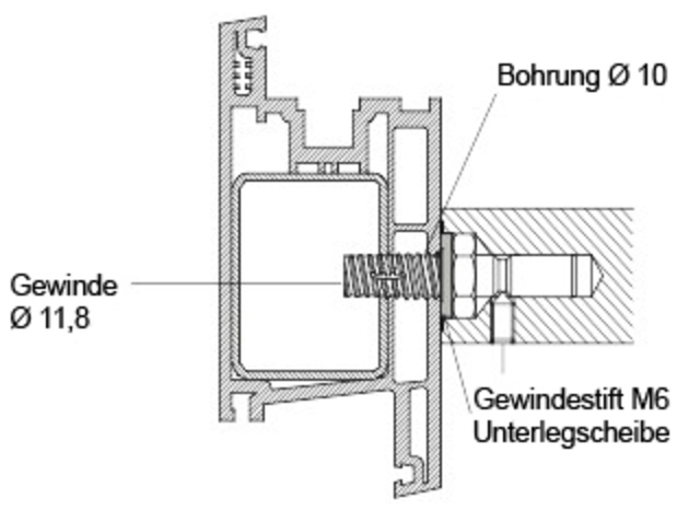 Gewinde Ø11,8, Durchmesser 11,8, M6 Gewindestift, Unterlegscheibe, Bohrung Ø10