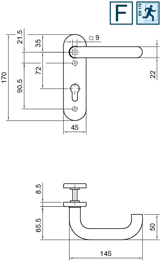 Türdriegel, Türgriff, Schnellverschluss, Messskizze, Metall