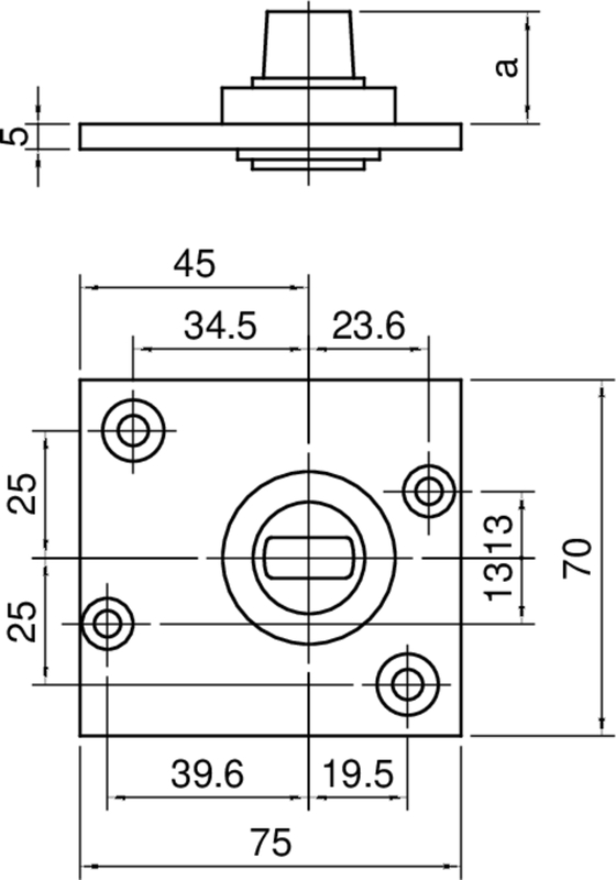 mechanical part, front view, montageplatte, rundes bohrloch, abmessungen 75x70