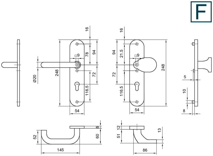 Türknauf, Rimmanenter Türgriff, Schlossrosette, Maße, Montageplatte