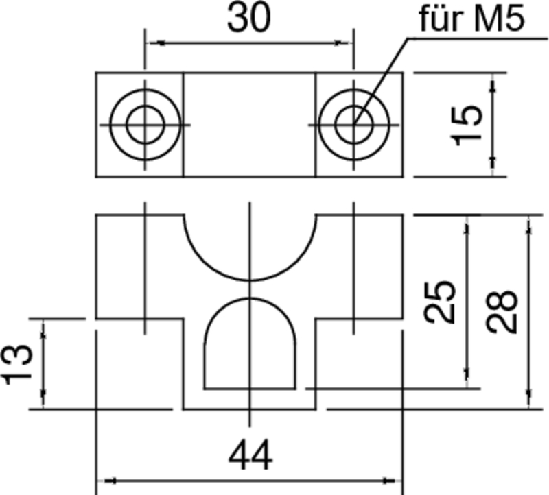 Aluminiumklemme, Montagehalter, zwei Bohrungen, Abmessungen 30x15, U-förmiger Ausschnitt