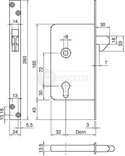 Hakenfallenschloss BKS B 381 D65 F3x24x260,L/R verz. Entf.=72, 4kt. 9mm