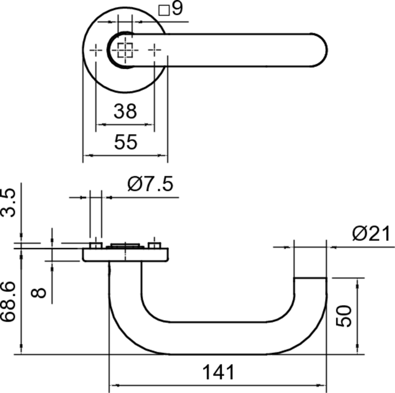 Türgriff, Hebel, U-förmige Halterung, Metallbauteil, Maße 141x68.6x50