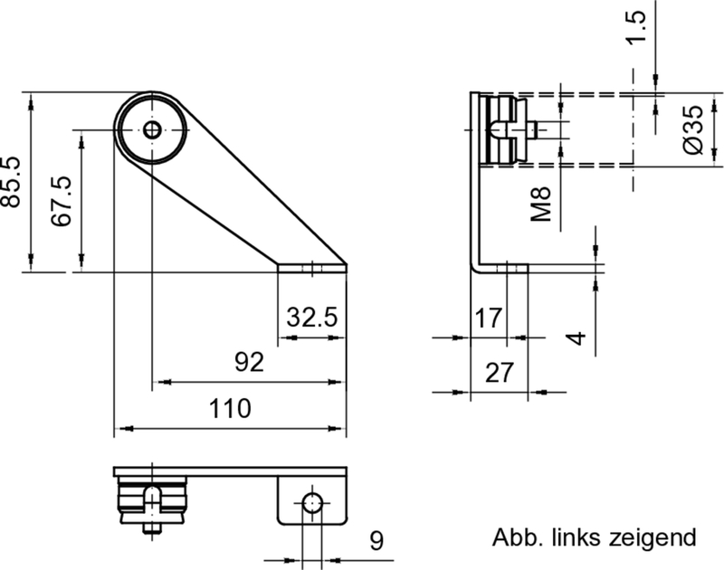 mechanical arm, Scharnier, Haltewinkel, Abmessungen, Montageloch