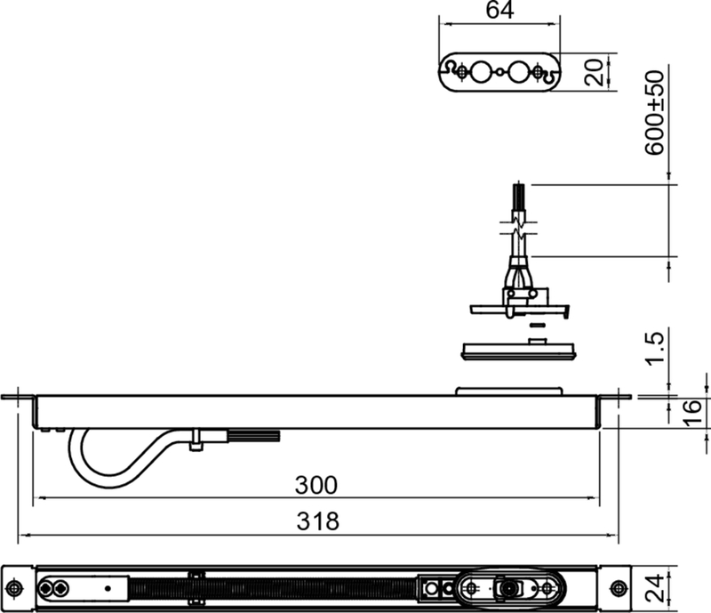 induction cooktop, elektrische herdplatte, maßangabe 300mm, kabelanschluss, auflage 318mm