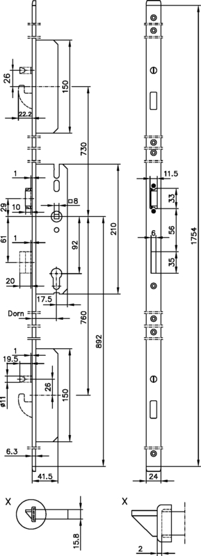mechanischer Schlossa, Türschloss-Mortise, Türbeschlag, Hardware-Diagramm, Abmessungen