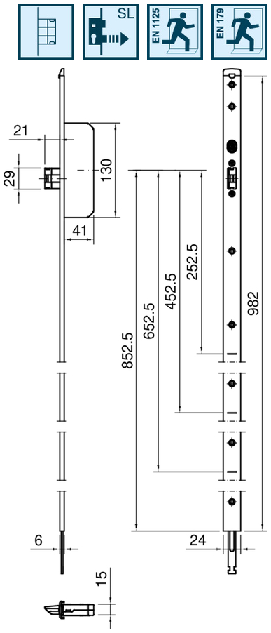 Mehrfachverriegelung, Panikverschluss, Türschloss, Stulp 24 mm, EN 1125