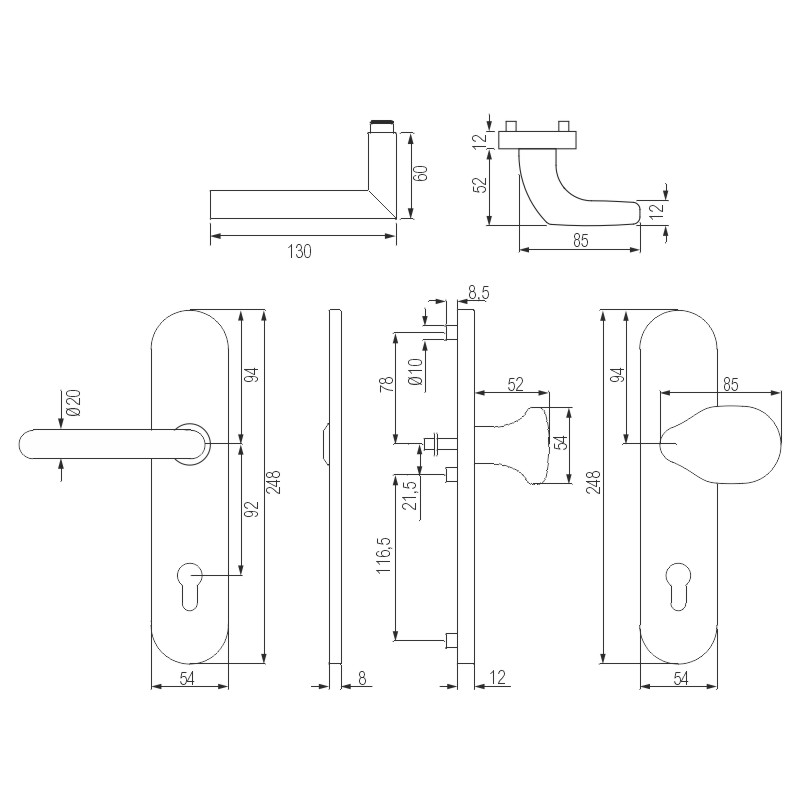 Türgriff, Türknopf, Schlossrosette, Schnittfläche, Lackiertes Metall
