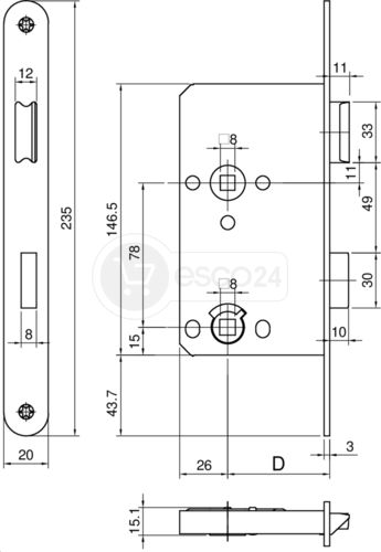 WC-Einsteckschloss KFV, Stulp rund D55, F3x20x235, PZ=78, L, silber lack.