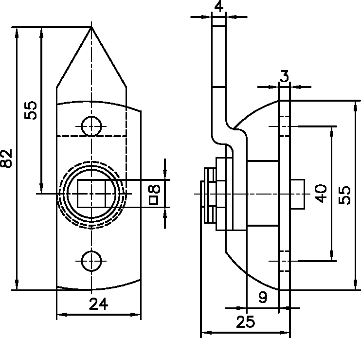 DORNEINREIBER M. 4-KT. DORN 8 MM M.GEKR. ZUNGE 90 GRAD DREH.M.BOHRUNG STAHL VERZ. CAD-Diagramm, Diagramm, CAD-Diagramm, Diagramm,