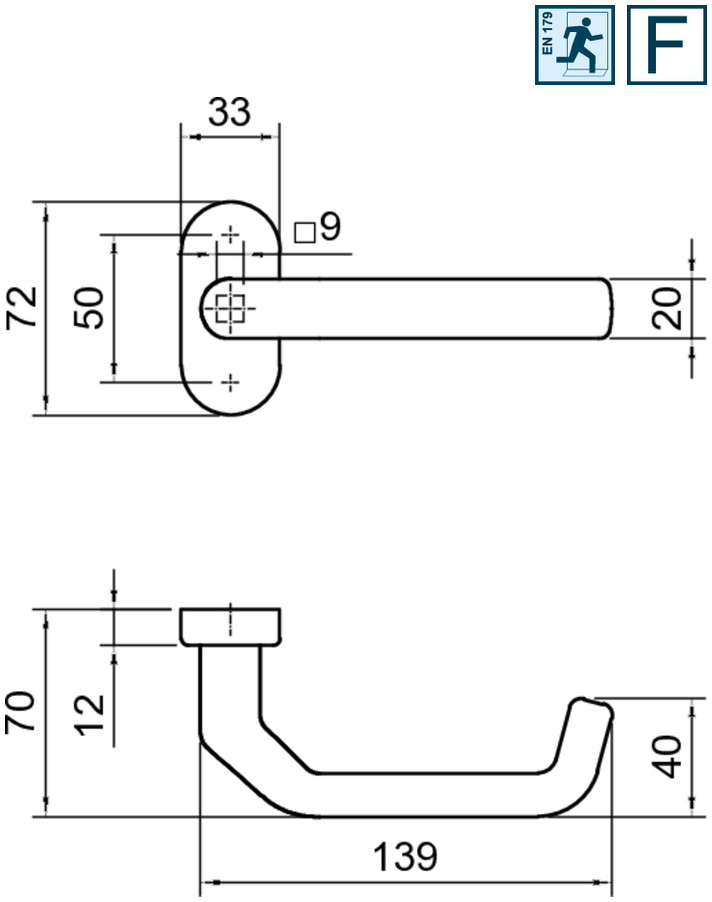 Türdriegel, Türklinke, Hebel, Montageplatte, Maße- schematisch