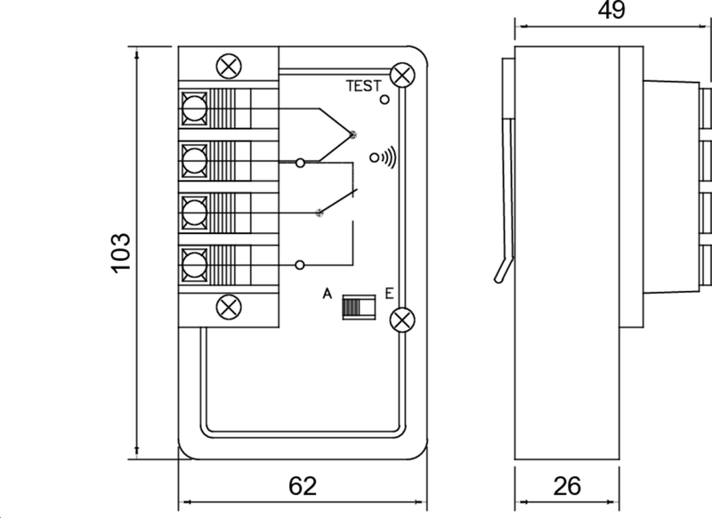elektrisches Modul, Klemmenblock, Vorderansicht, Abmessungen 103x62, Anschlusssteckplatz