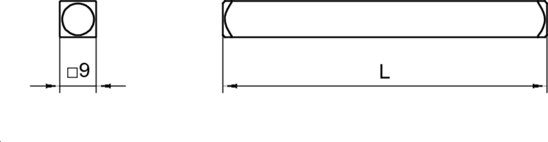 zylindrischer Stab, abgerundete Kante, Abmessung 9x L, Metallstab, kreisför cross-section