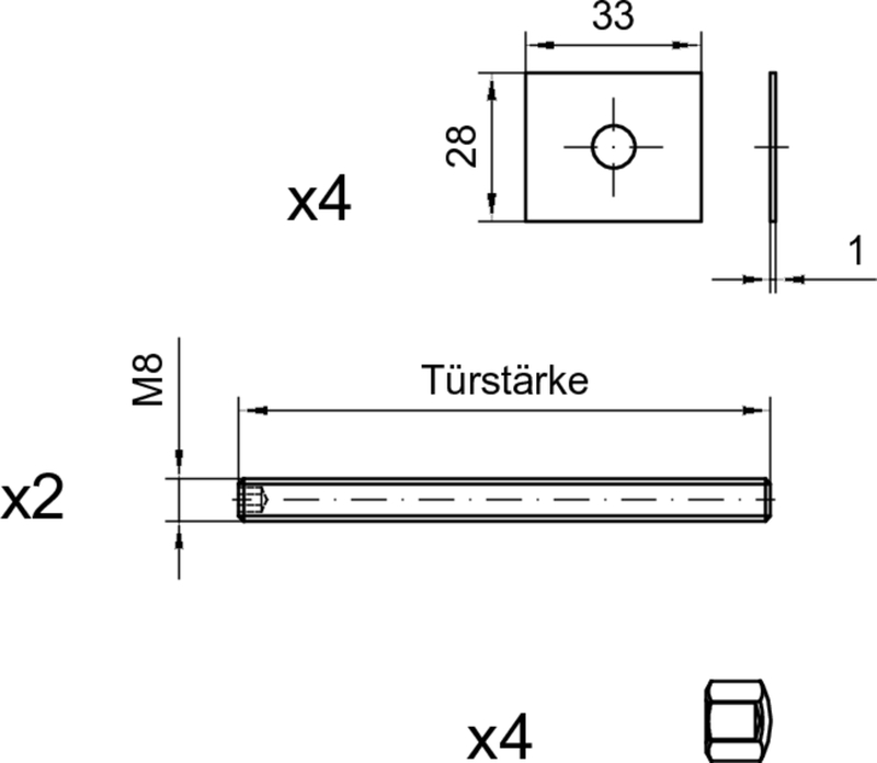 Türstärke, M8 Gewinde, Scharnierblatt, Schraubenloch, Abmessungen