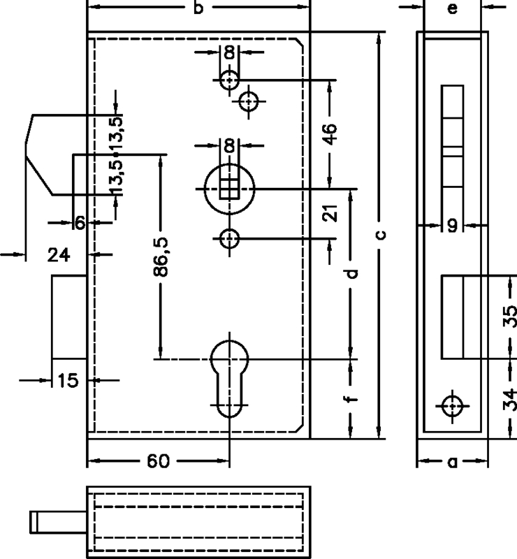 mechanisches Zeichnung, Schloss, Türschloss, Profilansicht, Abmessungen