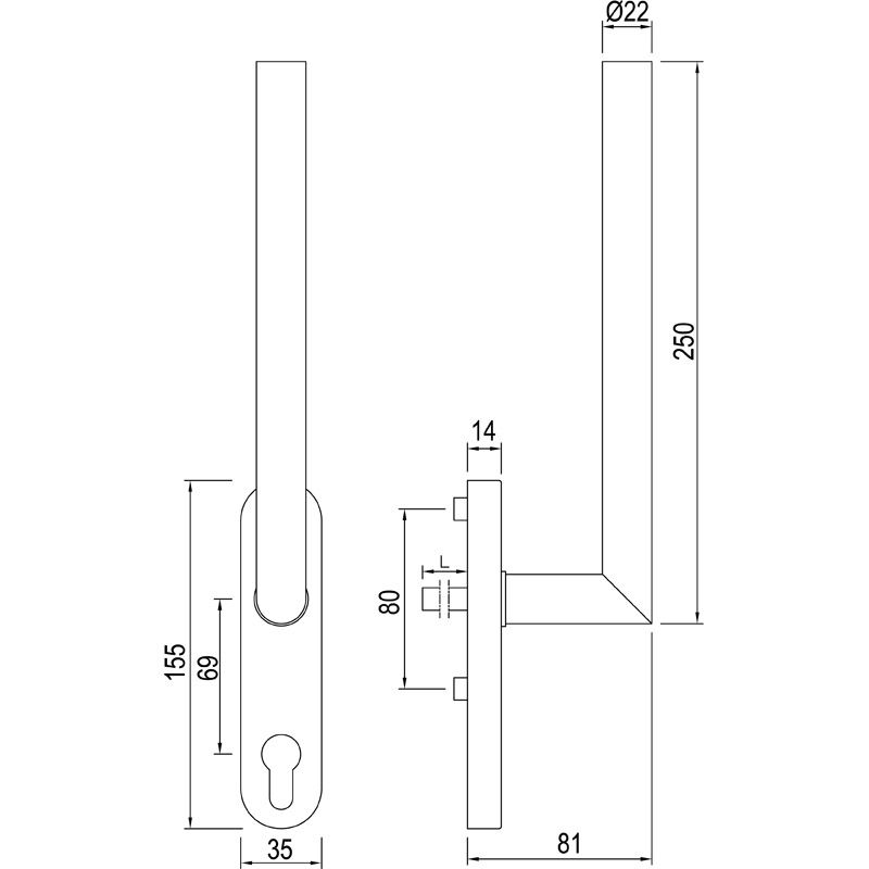 Türgriff, Klemmgriff, Metall, Rundzylinder, Maße 250mm