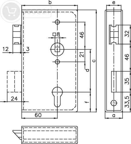 TÜRSCHLOSS MIT SCHLOSSKASTEN, DORN 60MM KASTEN 50X94,5X173, VERZINKT, 60/72, L/