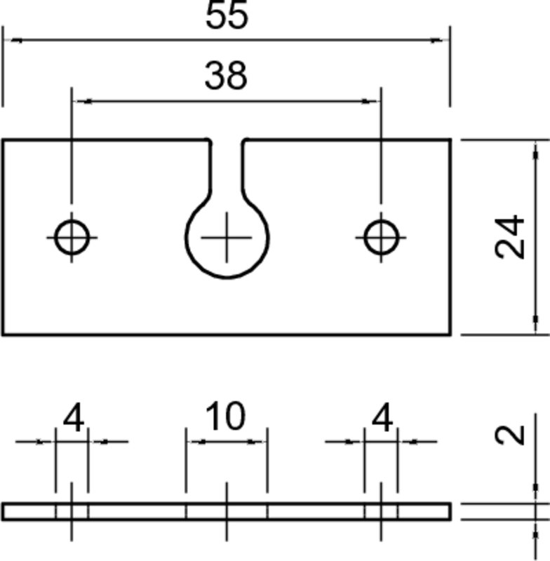 Metallteil, Lochmuster, Aussparung in Mitte, Abmessungen 55x24, Nut-/Kanalform