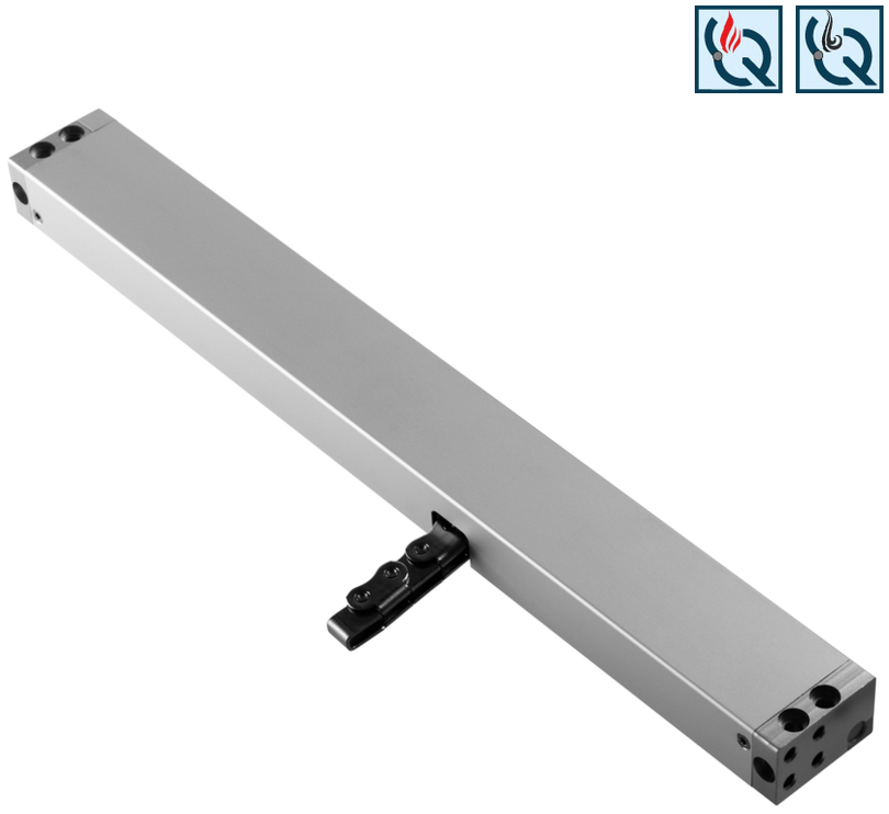 linear actuator, metal housing, silver, rectangular block, mounting holes