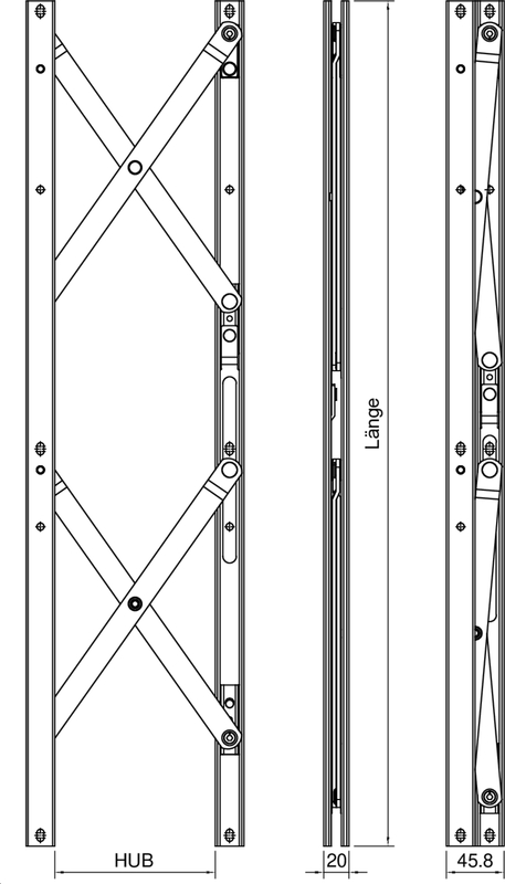 Dachhaken, Scharnier, Ausziehmechanismus, Stahl, Hubmaß