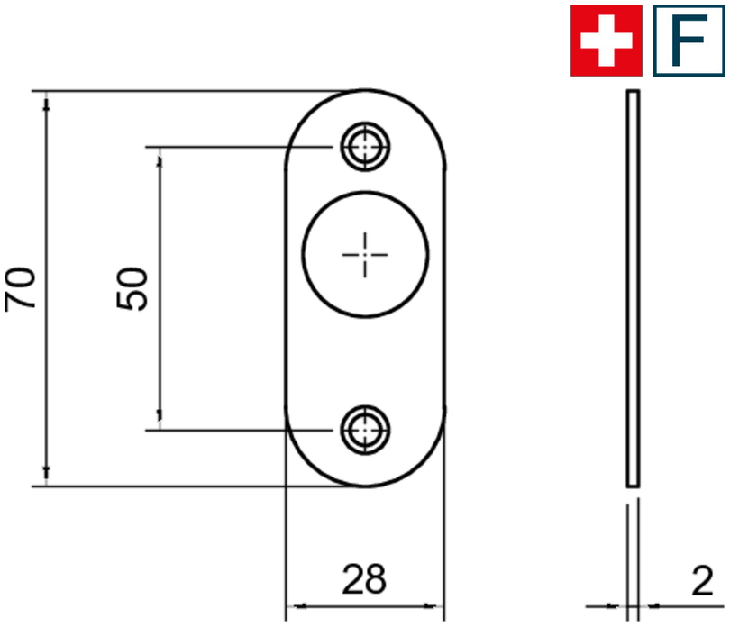 metall, platte, halterung, schraubenlöcher, abmessungen 70x28x2