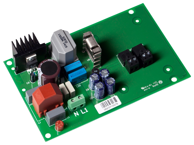 Leiterplattenbauteil, Elektronik-Platine, Kondensatoren, Widerstände, Kühlkörper