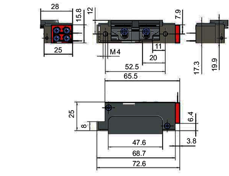elektronisches Bauteil, Schalter, lineares Stellglied, Montagemodul, Abmessungen 72,6