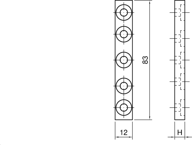 Plattenstreifen, Löcher aus Circles, Metallstab, Maßzeichnung, Technische Zeichnung
