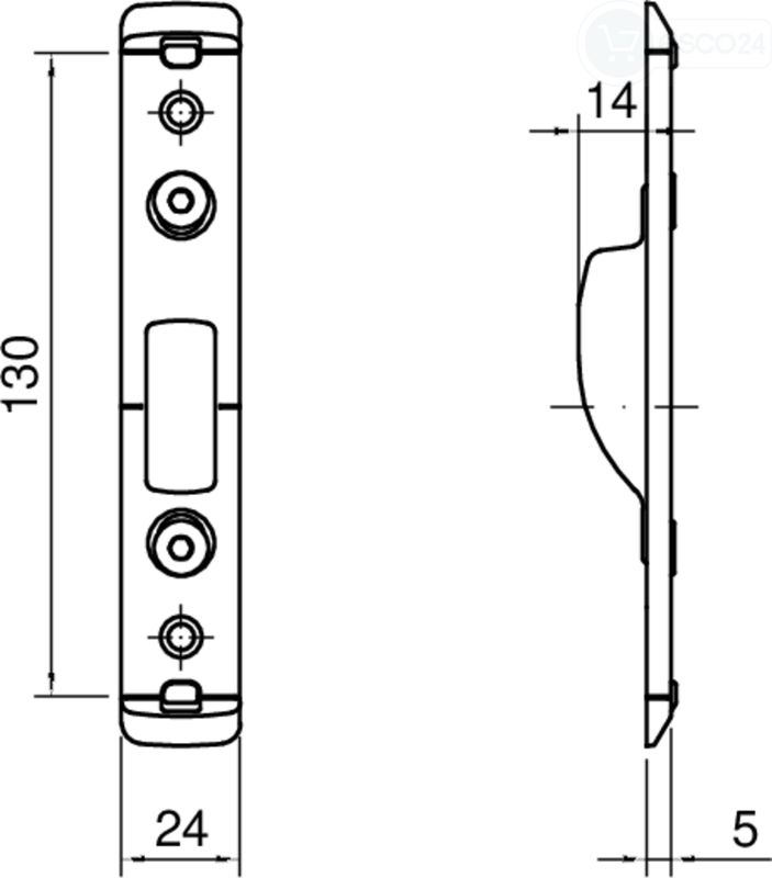 Schließblech Neben systeQ-M H (Schwenkriegel) U5x24x130, verstellbar,L/R