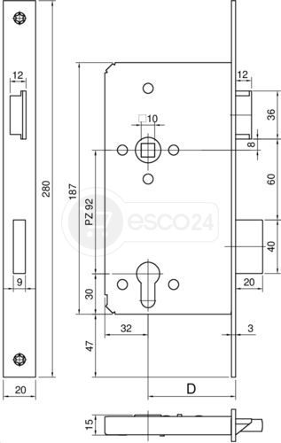 Haustüreinsteckschloss KFV, Stulp kantig D65, F3x24x280, PZ=92, R, silber lack.