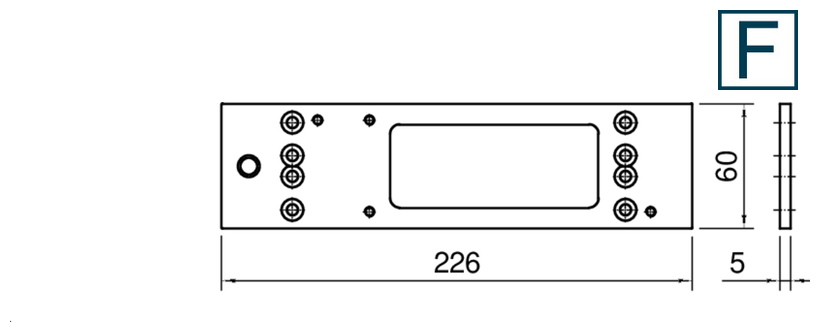 dimensions 226x60, rechteckige Platte, schraubenlöcher, ableitungspad, aussparung