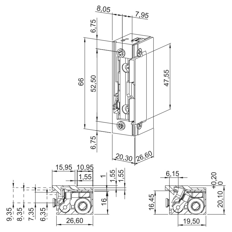 electrical latch, lock mechanism, DIN rail, metal housing, dimensions