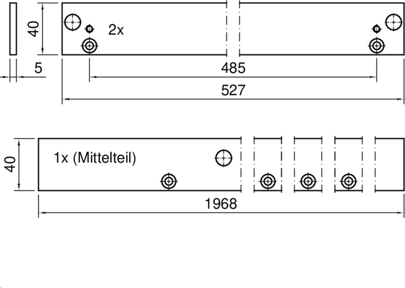 trägerplatte, technische zeichnung, lochung, maßangabe, mittelteil