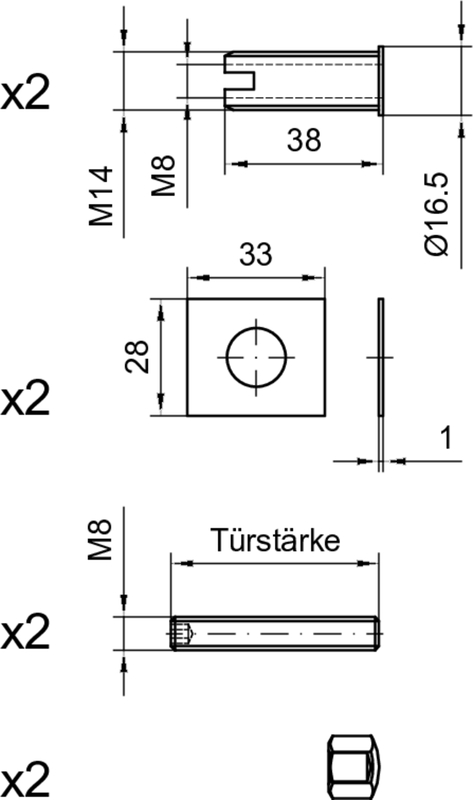 Türstärke, Beschlag, Schloss, M8, Ø16,5