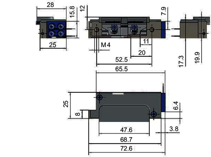elektrisches Bauteil, Linearbewegung, Montageblock, Abmessungen, Schraubenlöcher