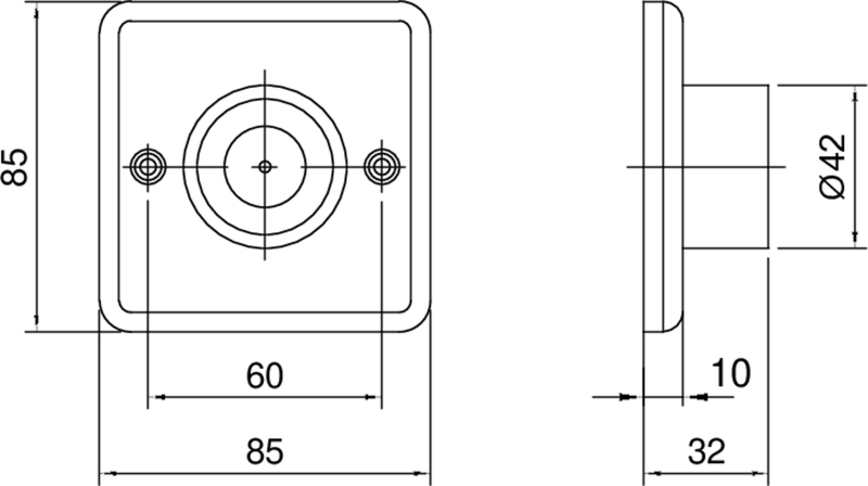 quadratische montageplatte, bohrungen, rundes bündel, ringsring, abmessungen 85x85