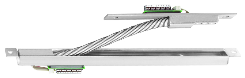 linear actuator, sliding rail, metal housing, cable harness, bright silver