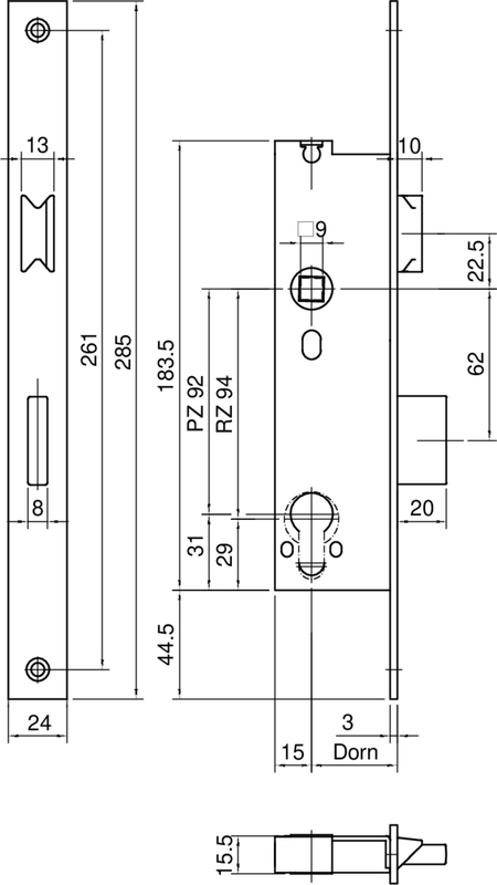 Zylinder-Türschloss, Magnesium, Schloss, Türbeschlag, Technische Zeichnung