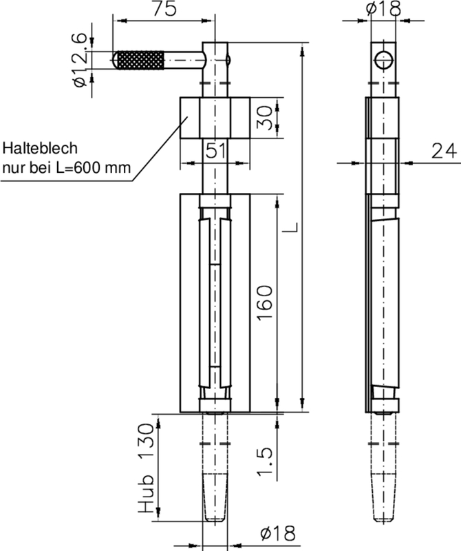 Bohrer, zylindrischer Stab, Konstruktionszeichnung, Maße, Montage